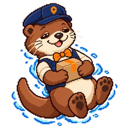 Offy the otter, floating on his back with a parcel